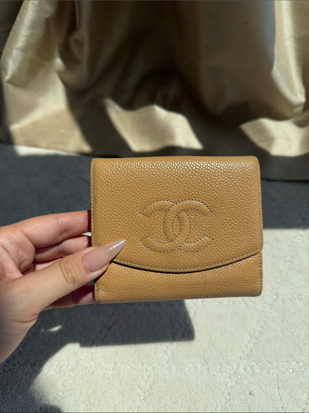 CHANEL Camel Caviar Leather Compact Trifold Wallet